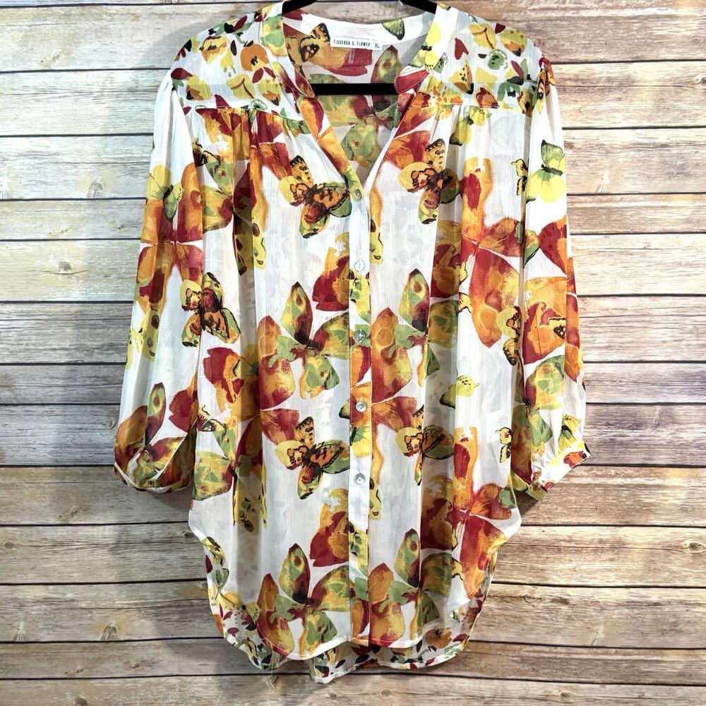 Figueroa & Flower Cream Floral & Buttlerfly Sheer Flowy Summer Blouse Top XL